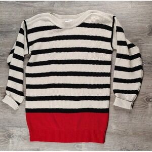 Susan Graver Essentials XS Knit Sweater Black Cream Stripe Red Hem Boatneck‎